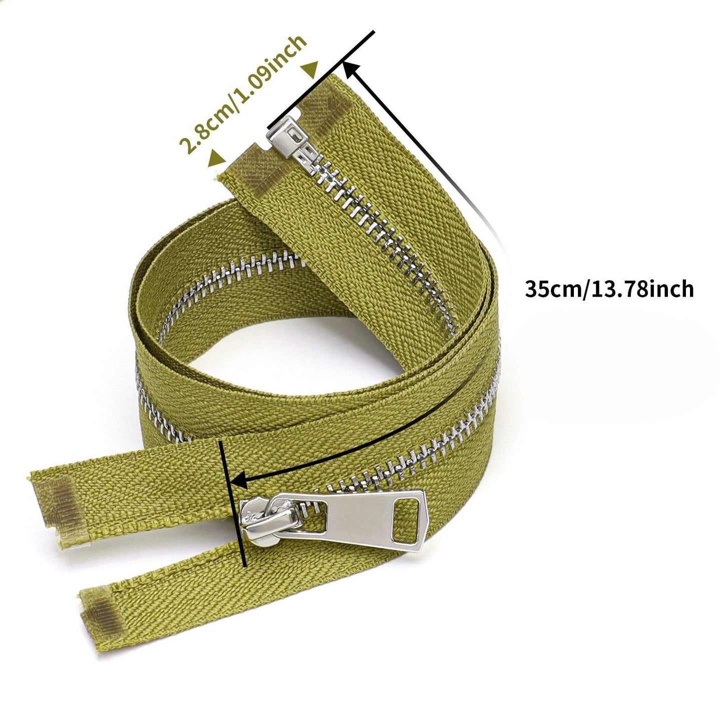 Olive Green Metal Zipper Silver Teeth Closed End Sewing