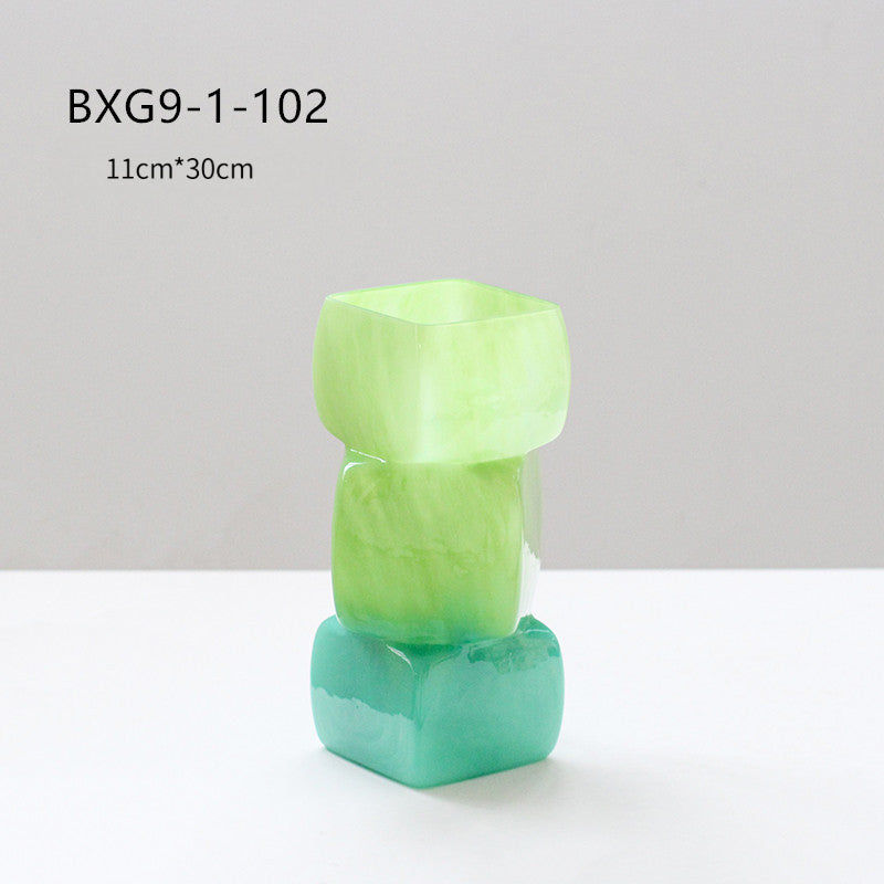 Green Stacked Cube Art Glass Vase 2 Sizes - Image 7