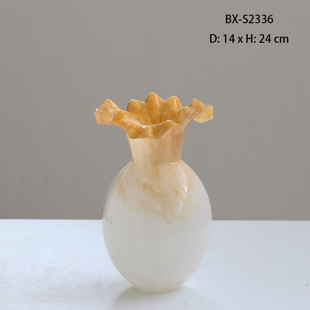 Pink Glass Ruffled Neck Vase and Cream Oval Bud Vase - Image 7