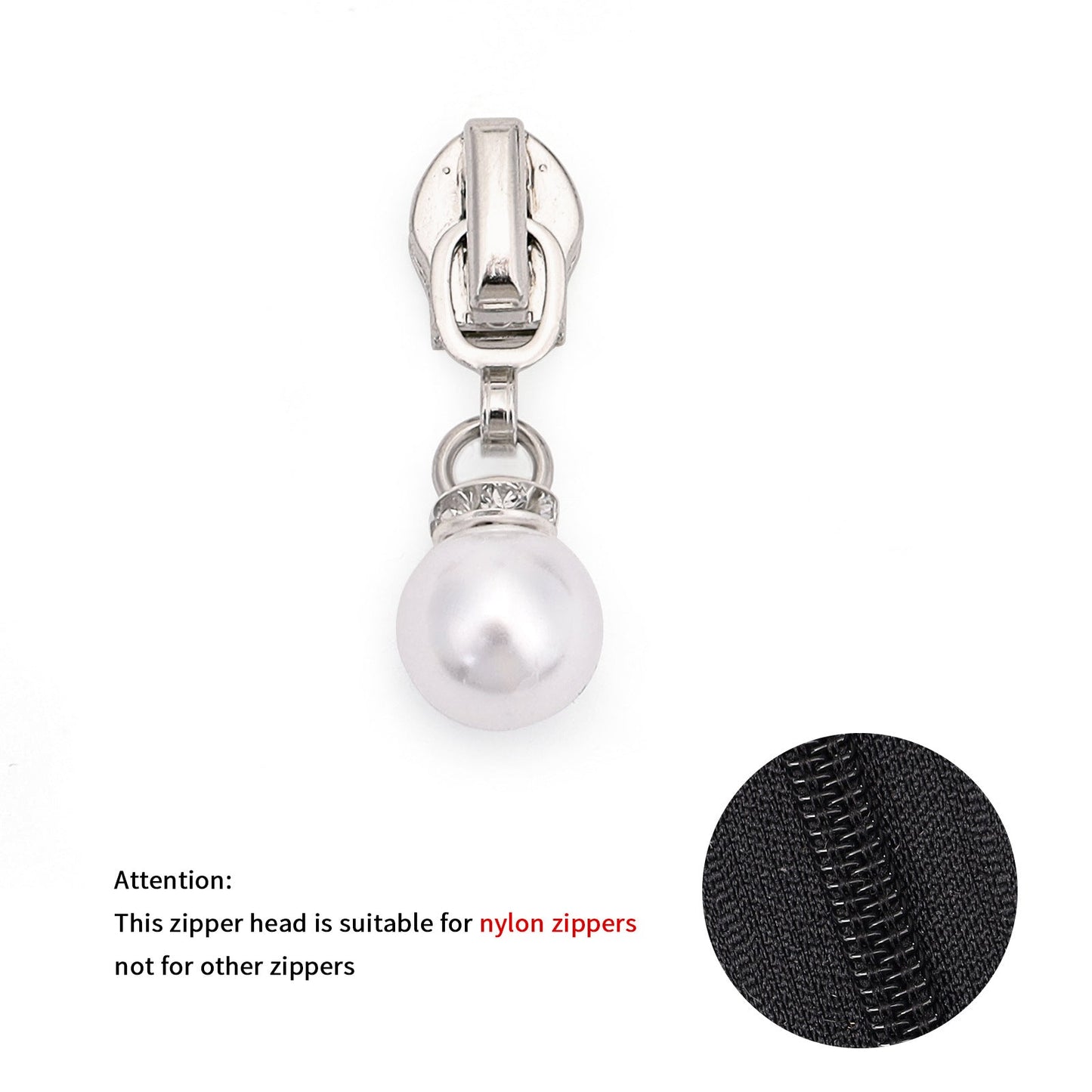 5# Faux Pearl Drop Zipper Pull with Rhinestones - For Metal Zipper