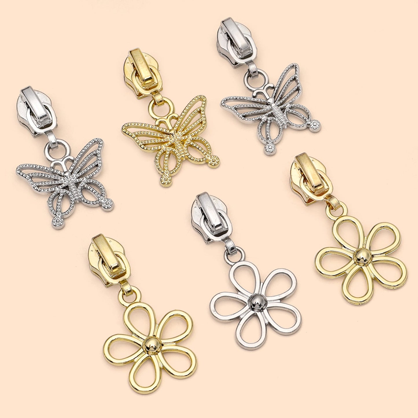 5# Hollow Charm Zipper Pull – Butterfly & Flower - Silver