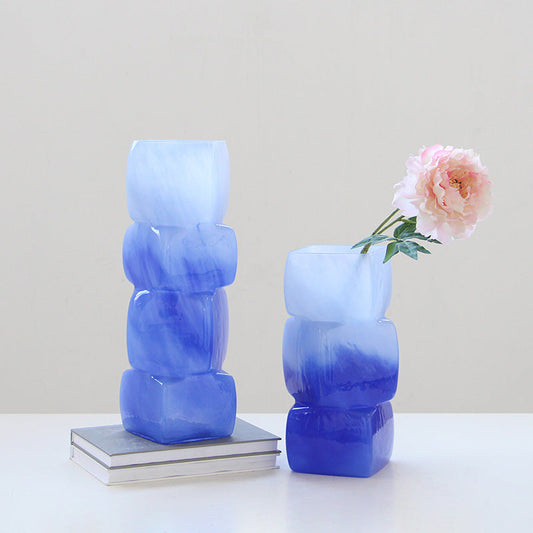 Blue Stacked Cube Art Glass Vase 2 Sizes - Image 1