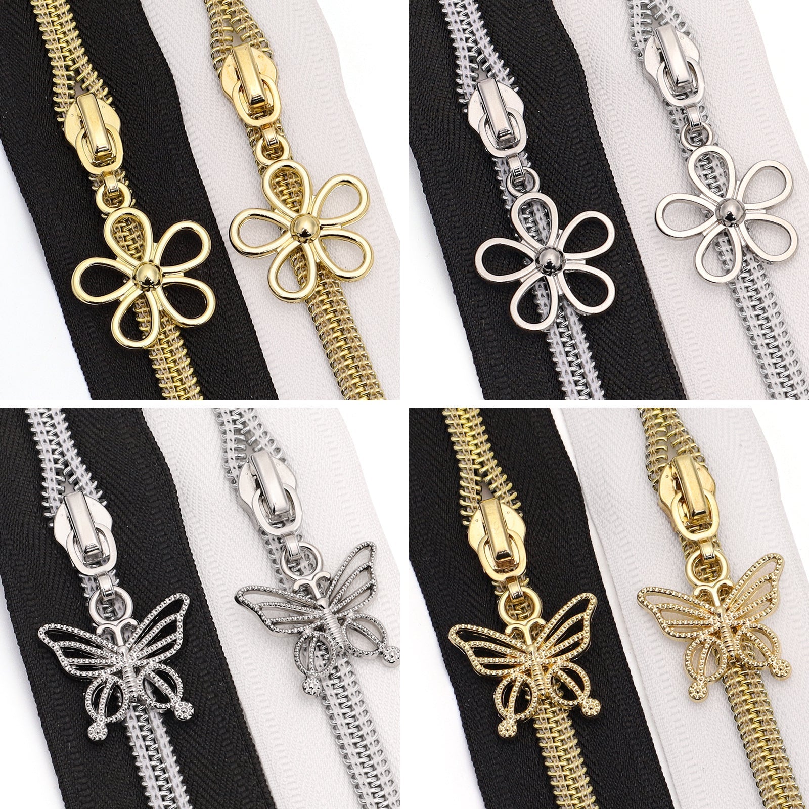 5# Hollow Charm Zipper Pull – Butterfly & Flower - Silver