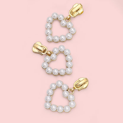 5# Pearl Heart Zipper Pull (Lockable Slider) - Metal Pearl Heart
