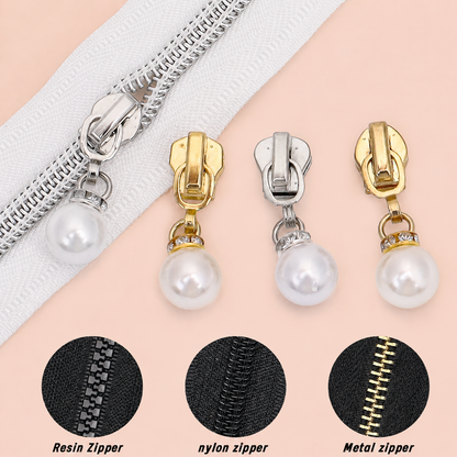 5# Faux Pearl Drop Zipper Pull with Rhinestones - For Nylon Zipper
