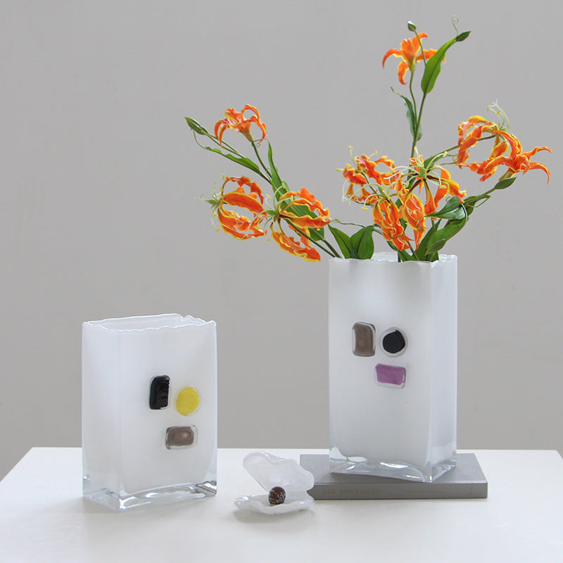 White Frosted Rectangle Glass Vase with Color Blocks - Image 3