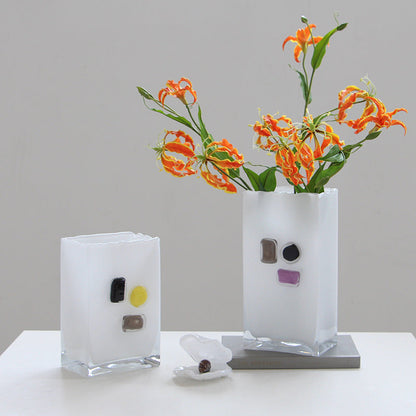 White Frosted Rectangle Glass Vase with Color Blocks - Image 3