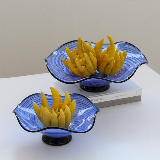 Blue Stripe Art Glass Footed Fruit Bowl 2 Sizes - Image 1