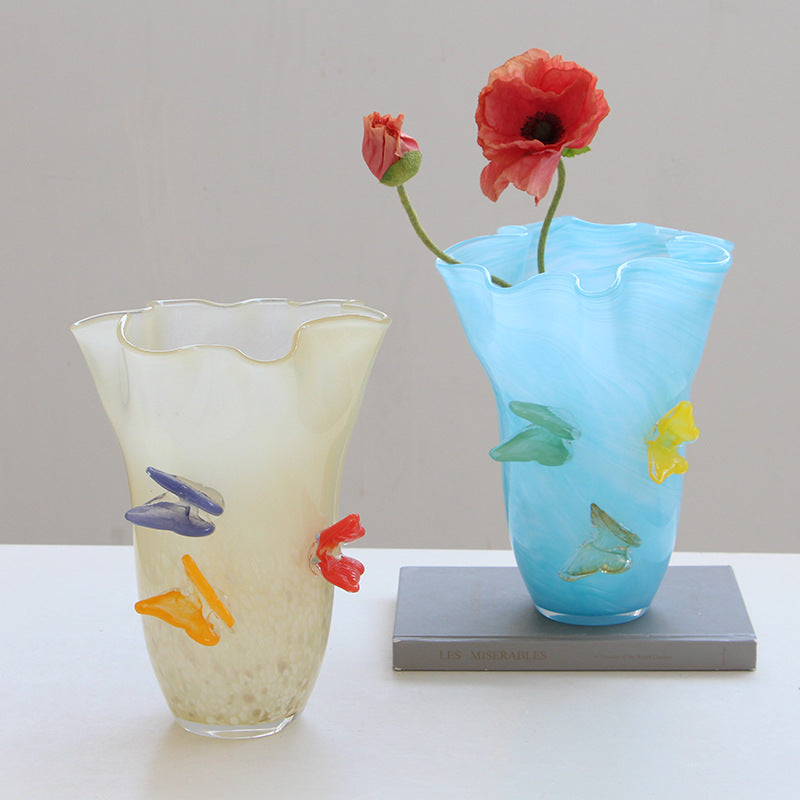 Ruffle Glass Vase with Glass Butterfly Ornaments - Image 2