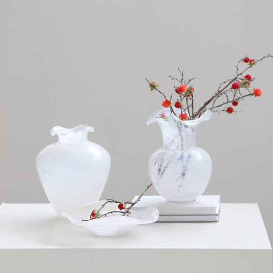 White Opaque Glass Ruffle Vase and Dish Set - Image 1