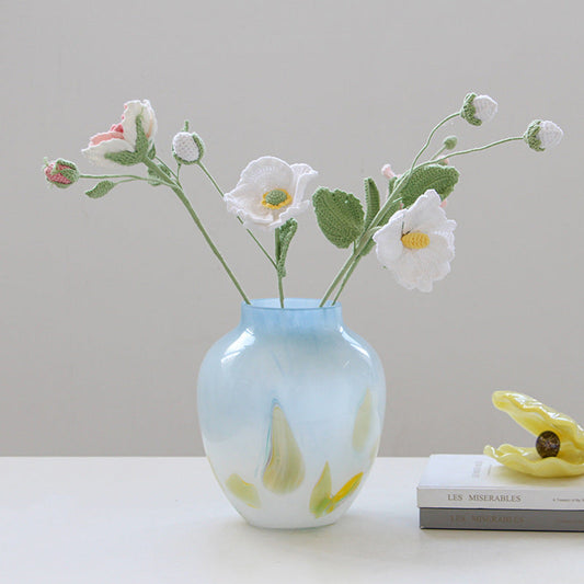 Blue Yellow Swirl Round Art Glass Flower Vase - Image 1