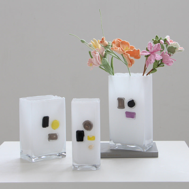 White Frosted Rectangle Glass Vase with Color Blocks - Image 1