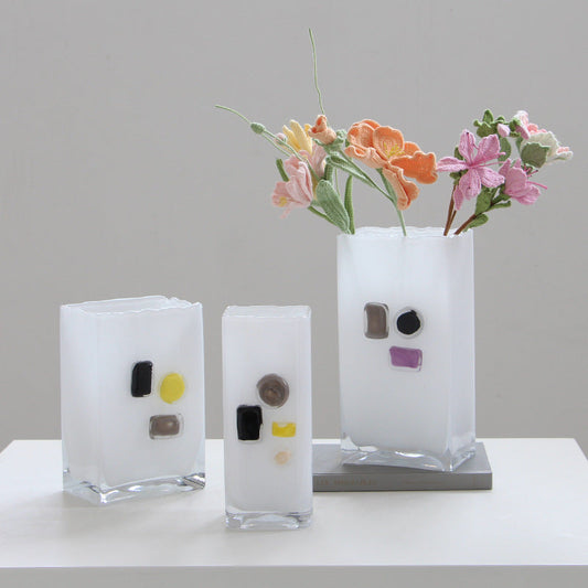White Frosted Rectangle Glass Vase with Color Blocks - Image 1