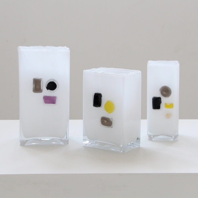White Frosted Rectangle Glass Vase with Color Blocks - Image 4