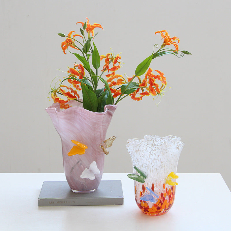 Ruffle Glass Vase with Glass Butterfly Ornaments - Image 1