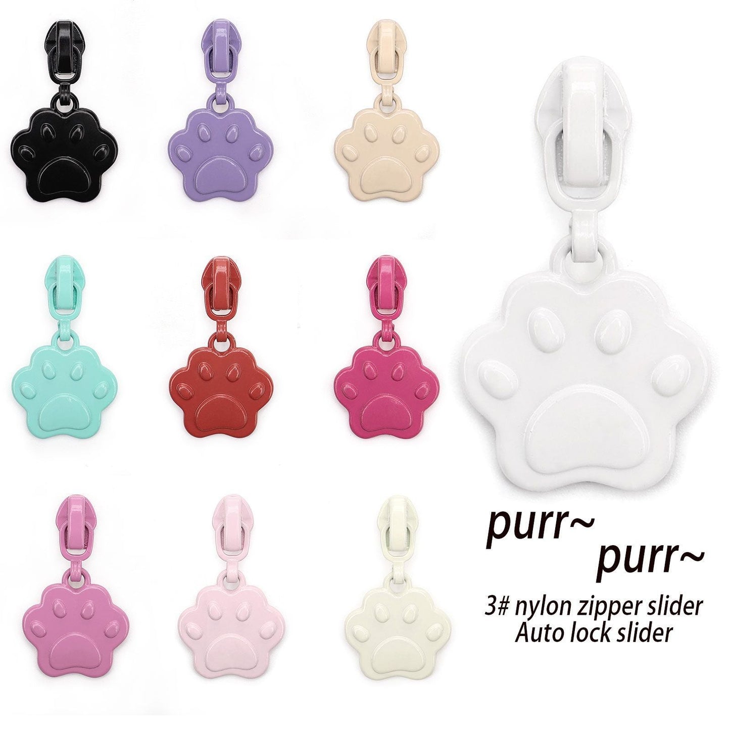 3# Cat Paw Print Zipper Pull (Lockable Slider) - Powder