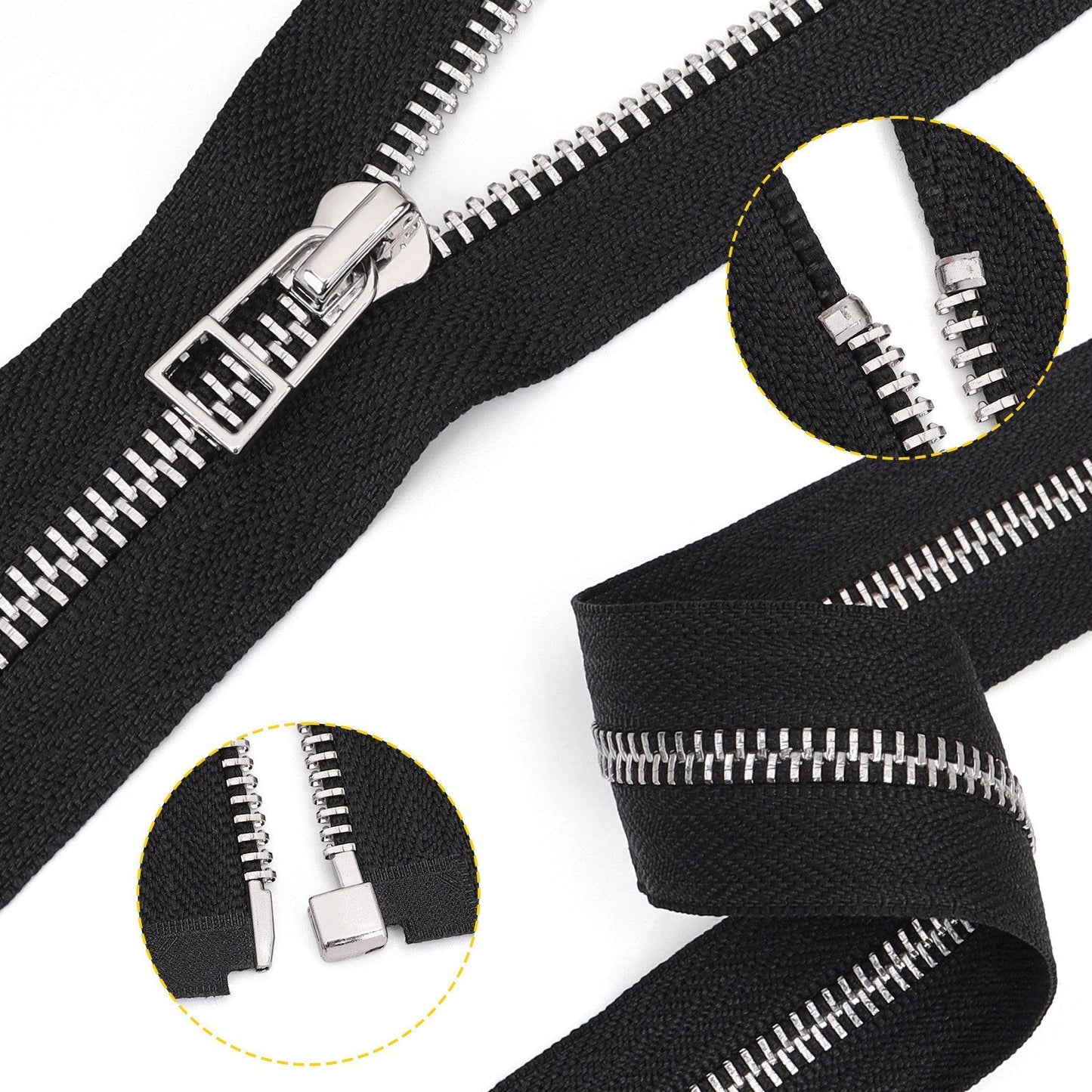 Black Open End Metal Zipper Silver Teeth Separating Jacket