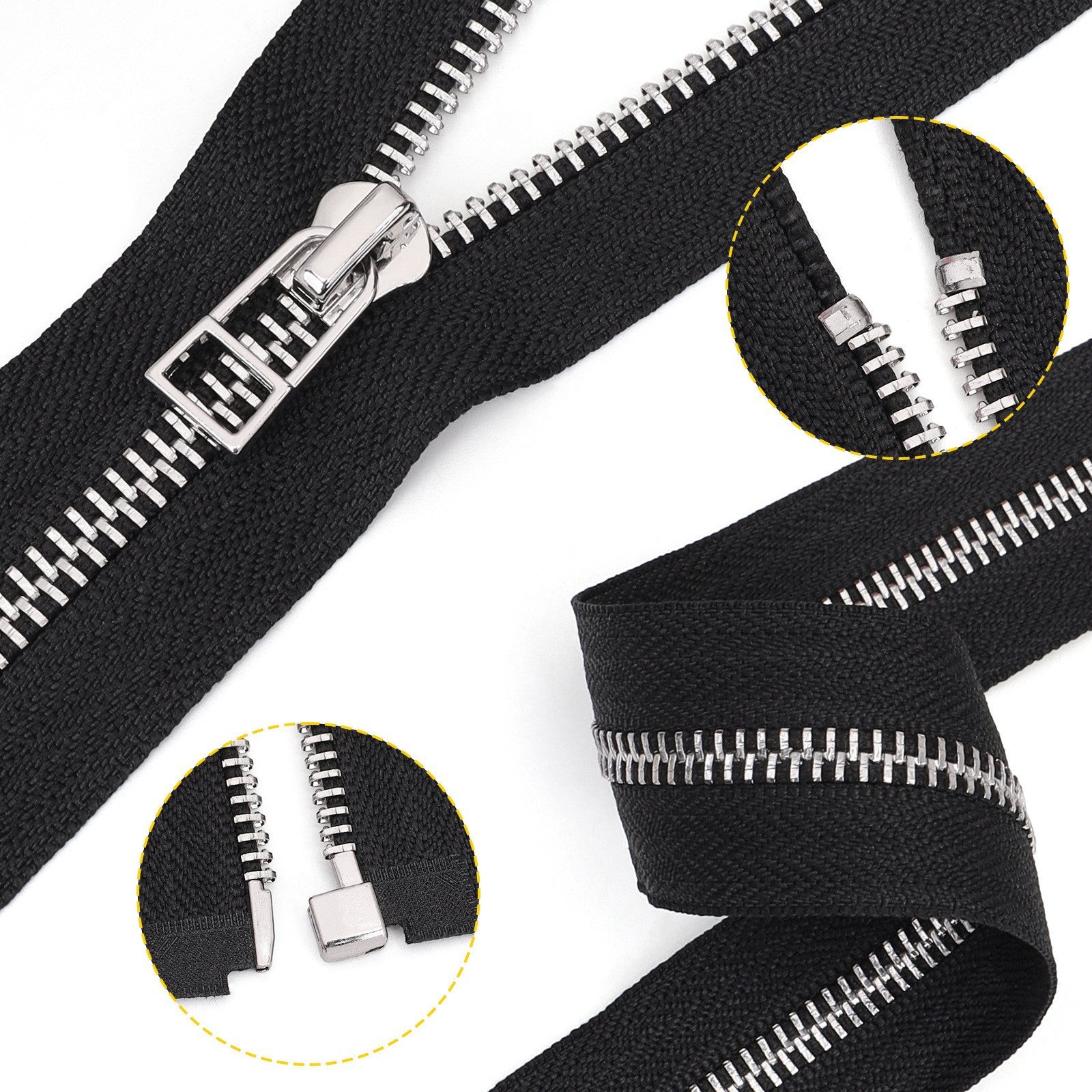 Black Open End Metal Zipper Silver Teeth Separating Jacket