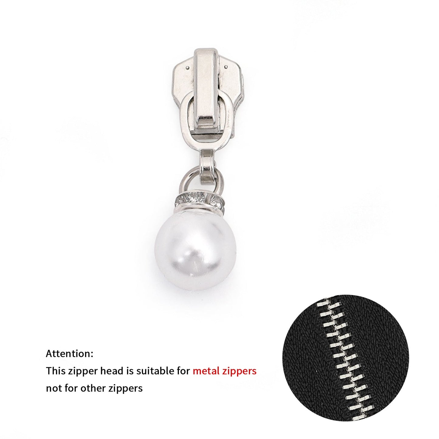 5# Faux Pearl Drop Zipper Pull with Rhinestones - For Resin Zipper