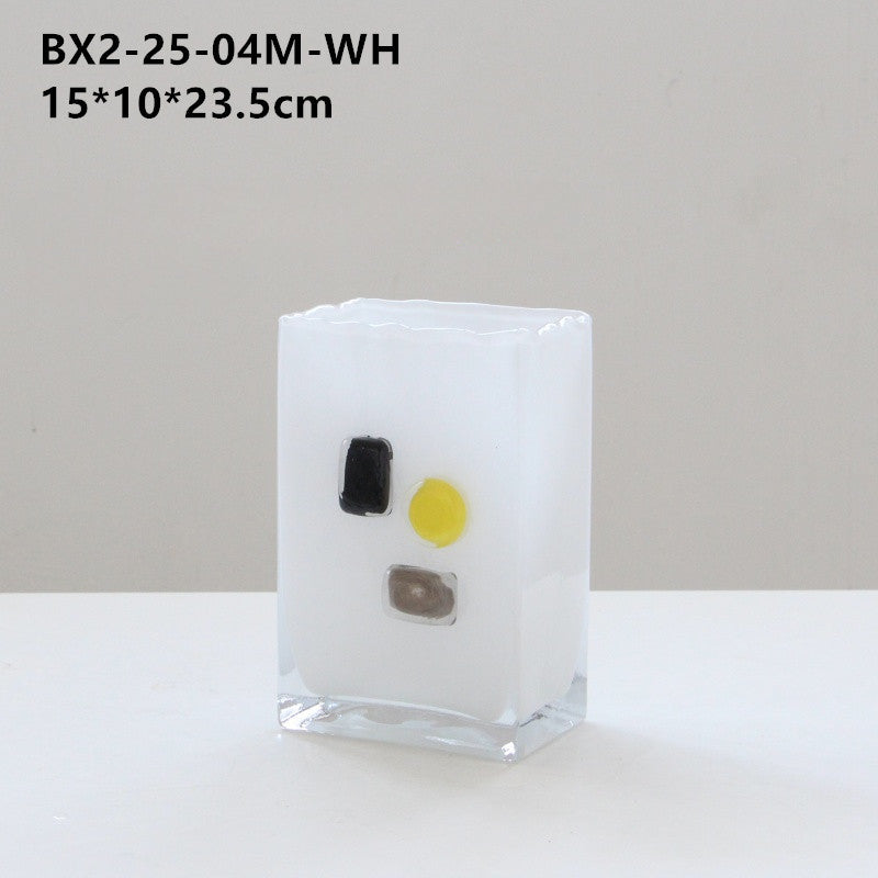 White Frosted Rectangle Glass Vase with Color Blocks - Image 7