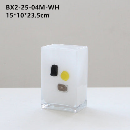 White Frosted Rectangle Glass Vase with Color Blocks - Image 7