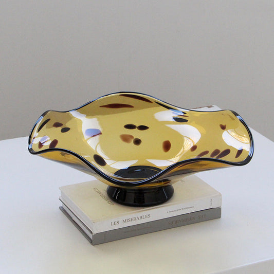 A glass high sided fruit plate with spots and a wavy edge - Image 1