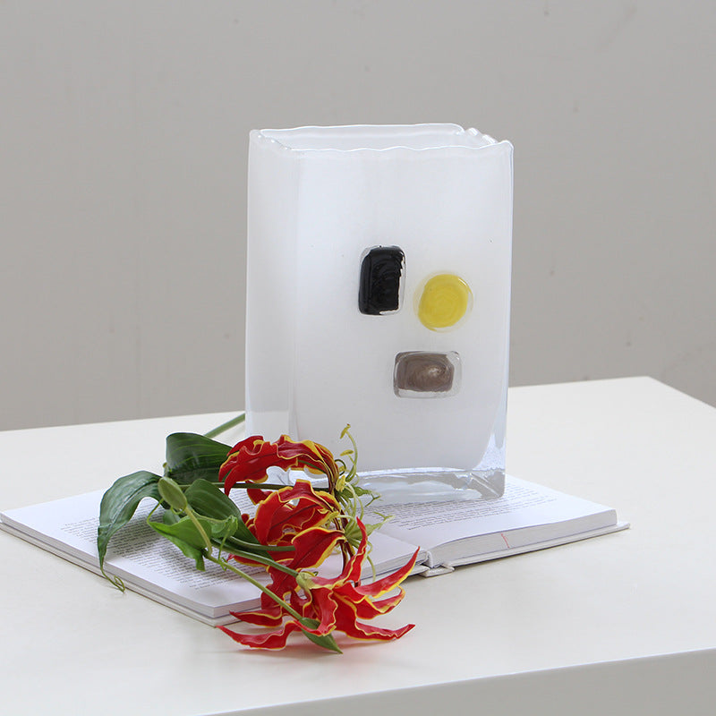 White Frosted Rectangle Glass Vase with Color Blocks - Image 2