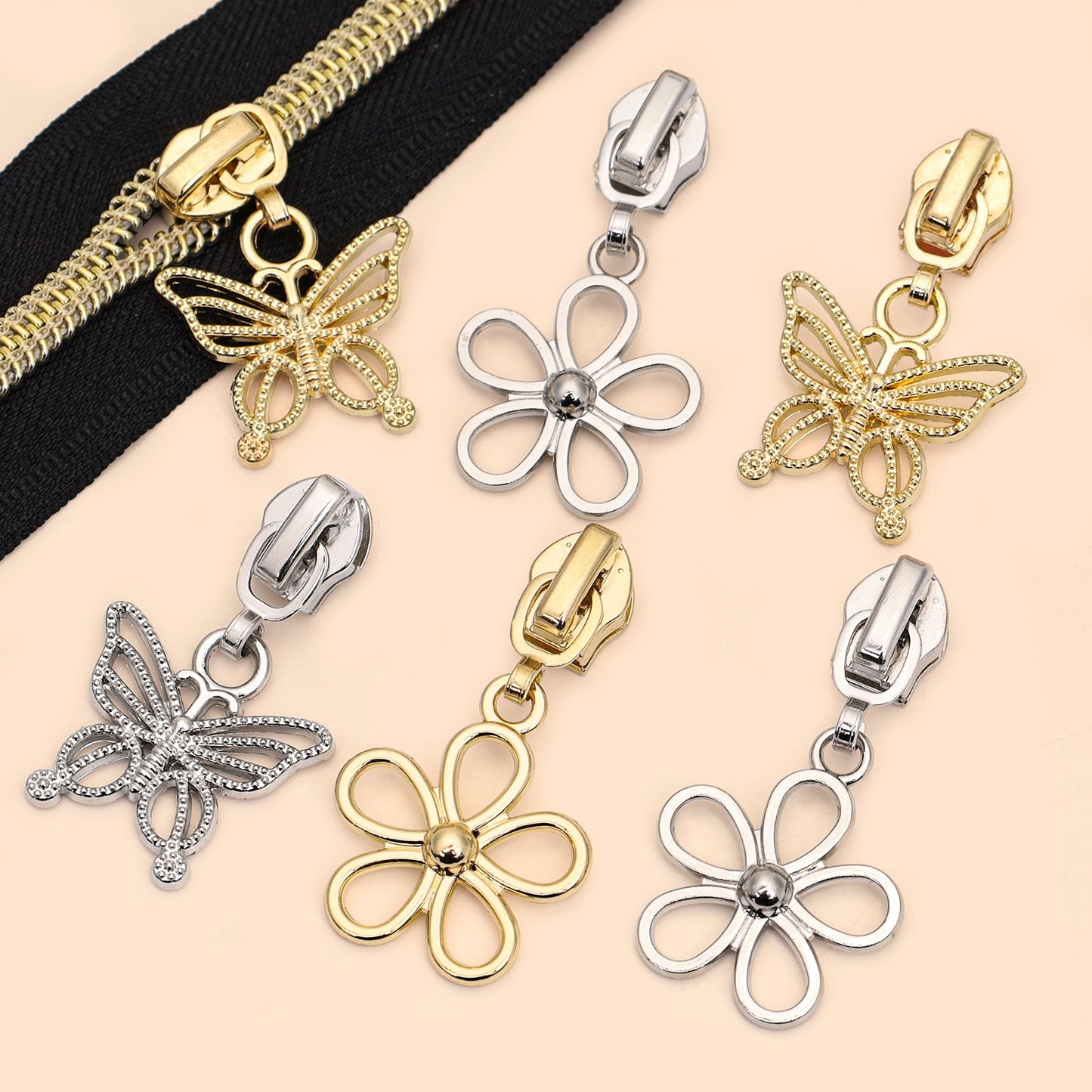 5# Hollow Charm Zipper Pull – Butterfly & Flower - Gold