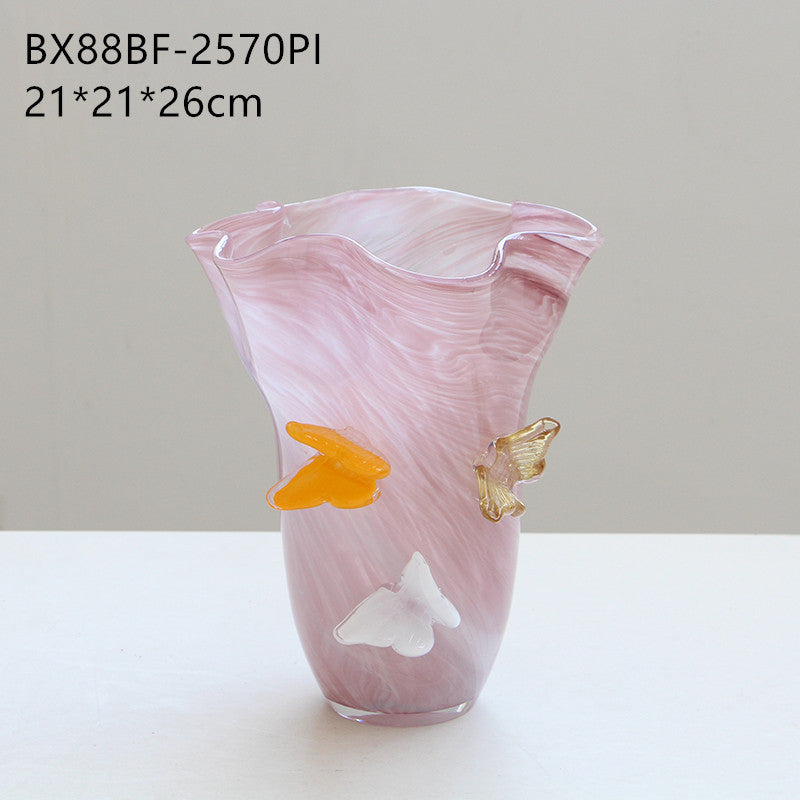 Ruffle Glass Vase with Glass Butterfly Ornaments - Image 7