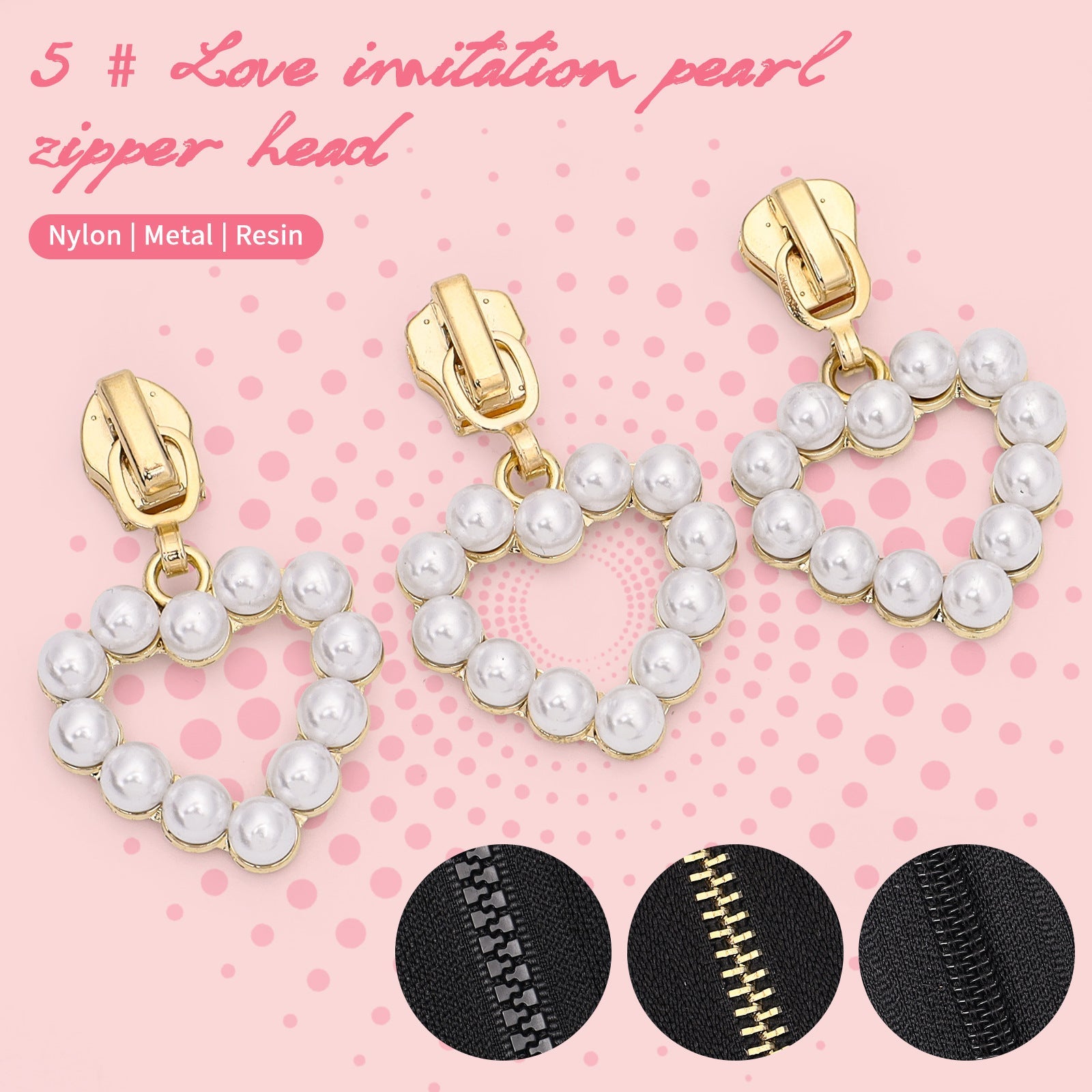 5# Pearl Heart Zipper Pull (Lockable Slider) - Nylon Pearl Heart