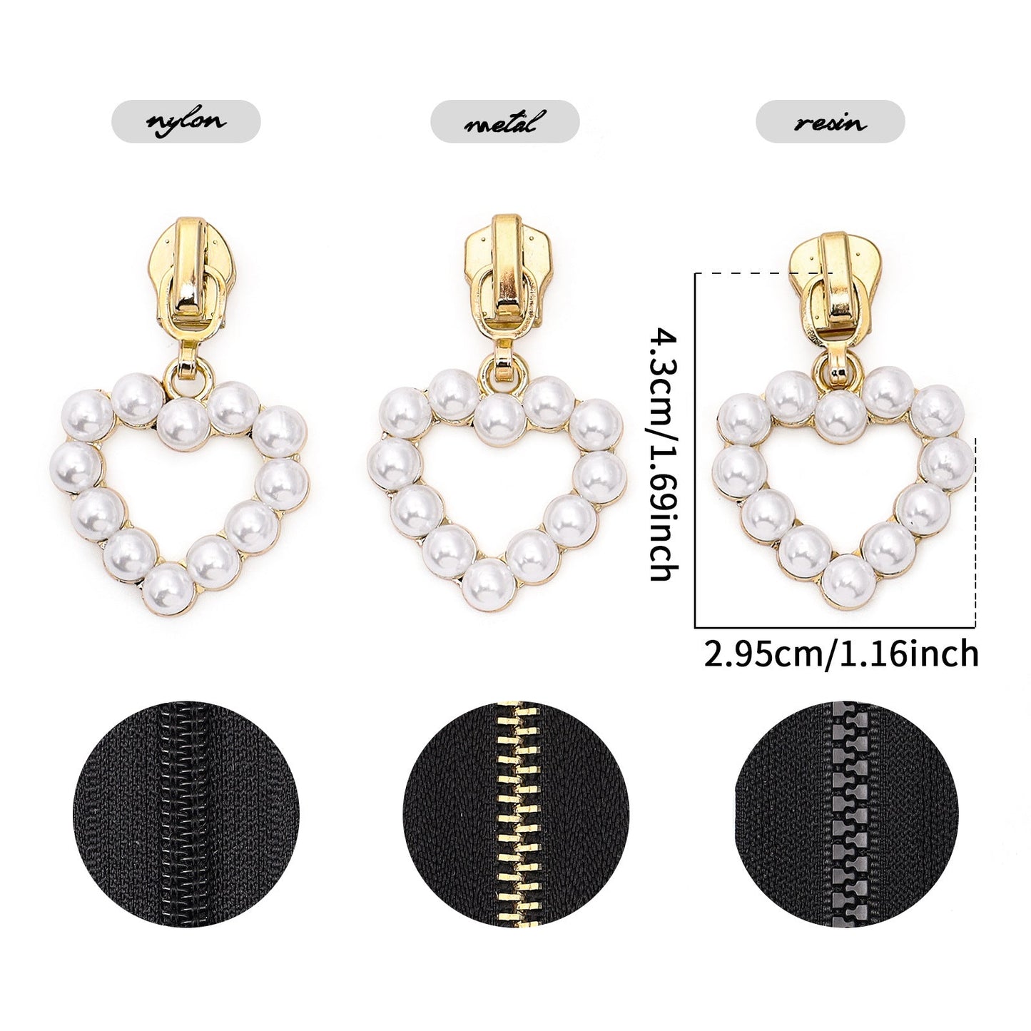 5# Pearl Heart Zipper Pull (Lockable Slider)