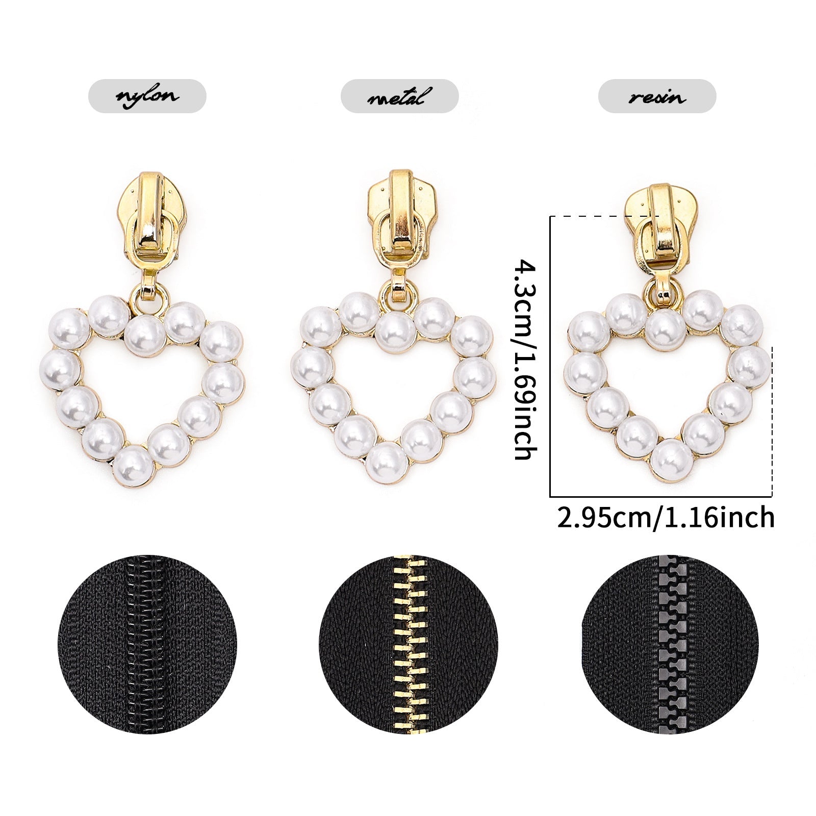 5# Pearl Heart Zipper Pull (Lockable Slider)