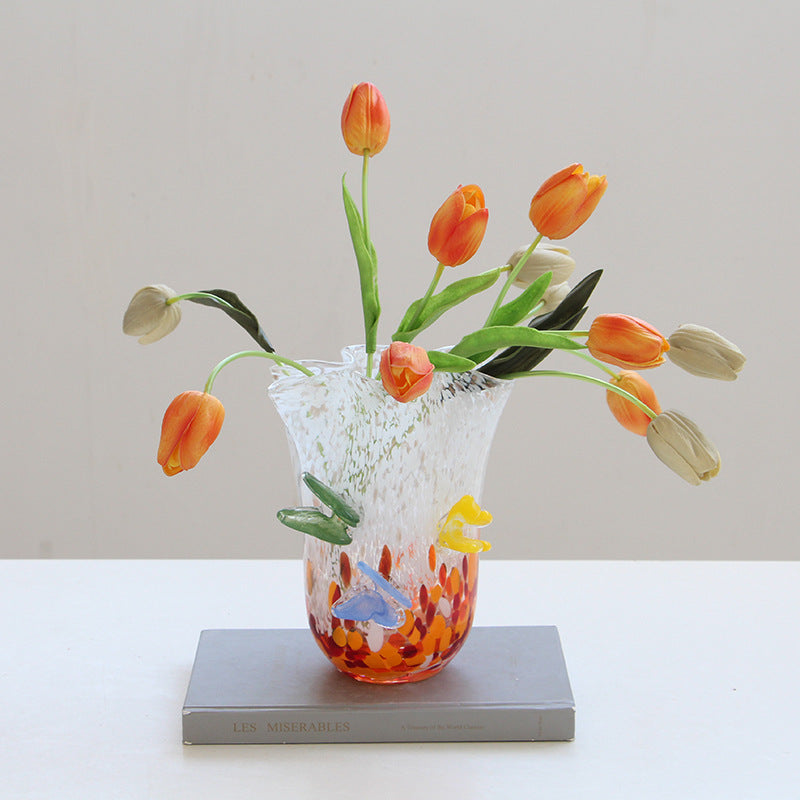 Ruffle Glass Vase with Glass Butterfly Ornaments - Image 3