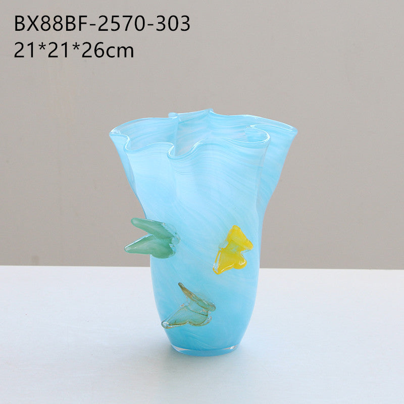 Ruffle Glass Vase with Glass Butterfly Ornaments - Image 9