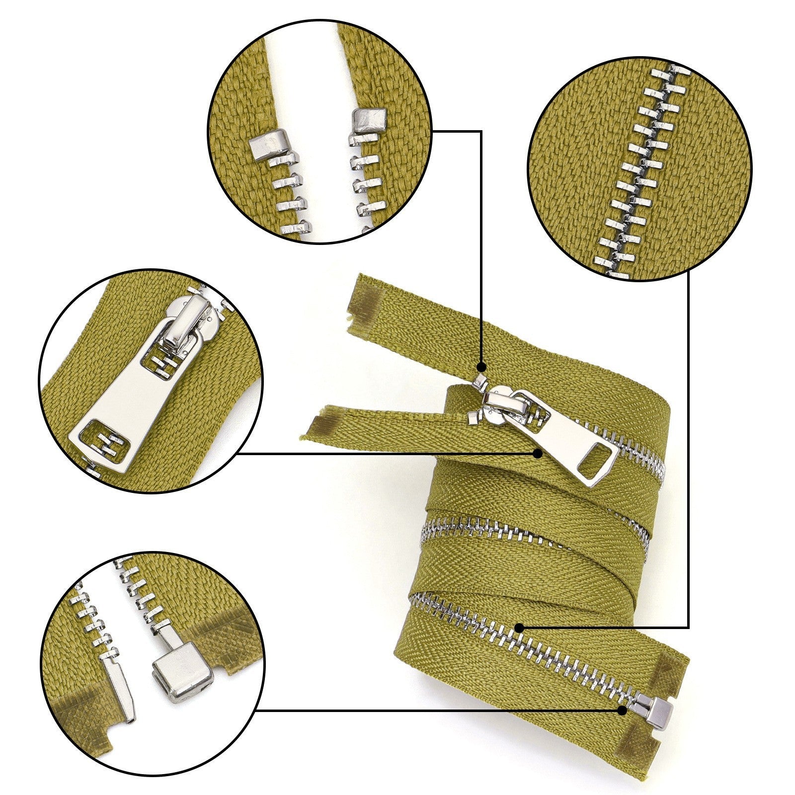 Olive Green Metal Zipper Silver Teeth Closed End Sewing