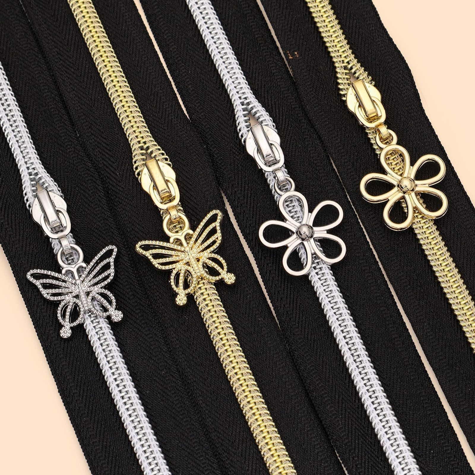 5# Hollow Charm Zipper Pull – Butterfly & Flower - Gold