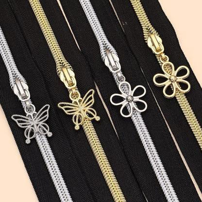 5# Hollow Charm Zipper Pull – Butterfly & Flower - Gold