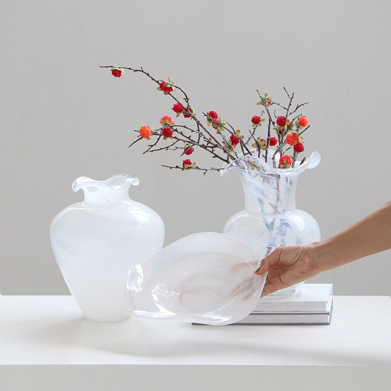 White Opaque Glass Ruffle Vase and Dish Set - Image 9