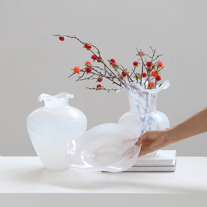 White Opaque Glass Ruffle Vase and Dish Set - Image 9