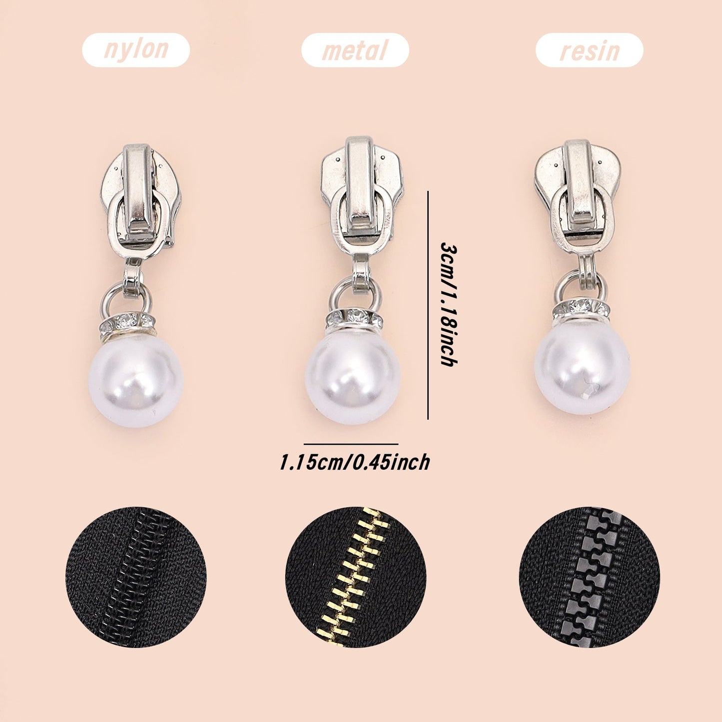 5# Faux Pearl Drop Zipper Pull with Rhinestones - For Metal Zipper