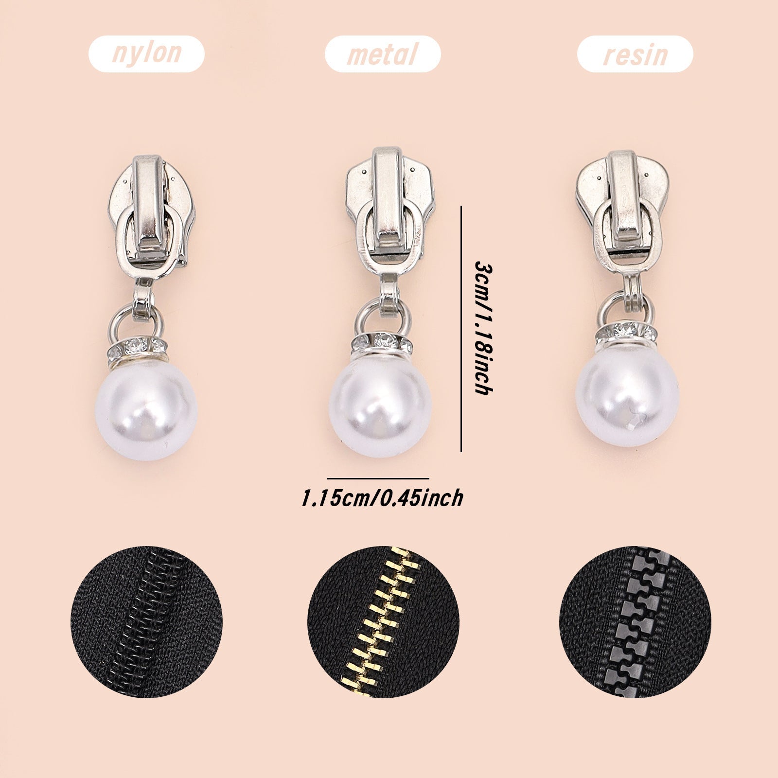 5# Faux Pearl Drop Zipper Pull with Rhinestones - For Metal Zipper