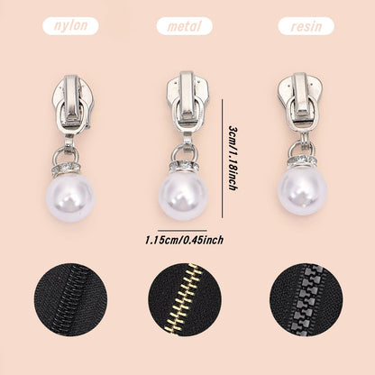 5# Faux Pearl Drop Zipper Pull with Rhinestones - For Metal Zipper