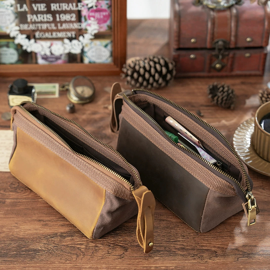 Crazy Horse Leather Large Zip Pencil Pouch