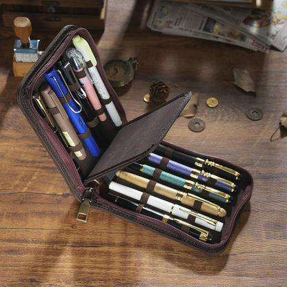 Crazy Horse Leather 12-Slot Zip Pen Organizer