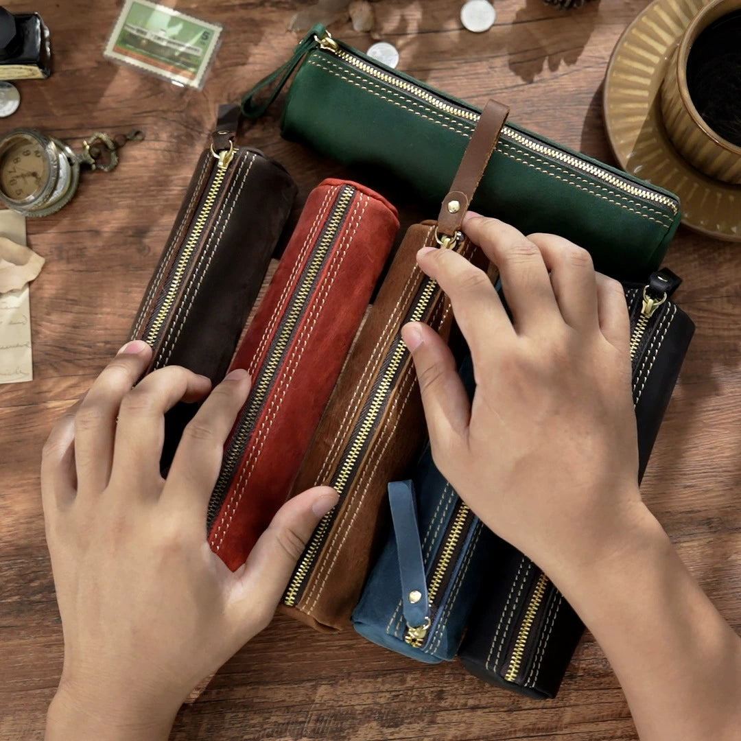 Crazy Horse Leather Zip Pen and Coin Pouch