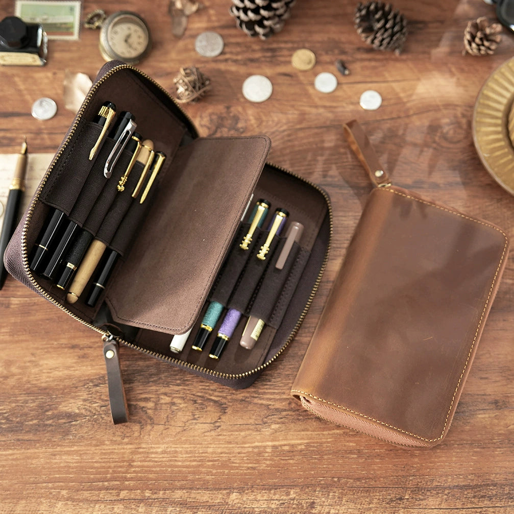 Crazy Horse Leather 10-Slot Zip Pen Organizer
