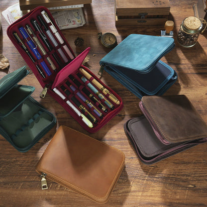 Crazy Horse Leather 12-Slot Zip Pen Organizer