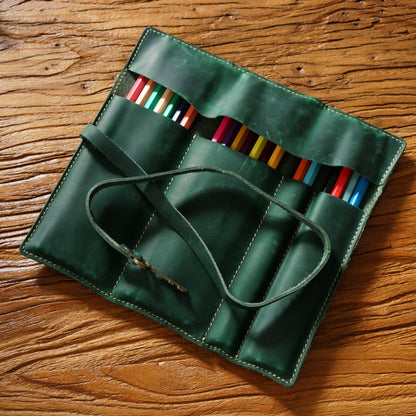 Crazy Horse Leather Rollup Pen Curtain Case
