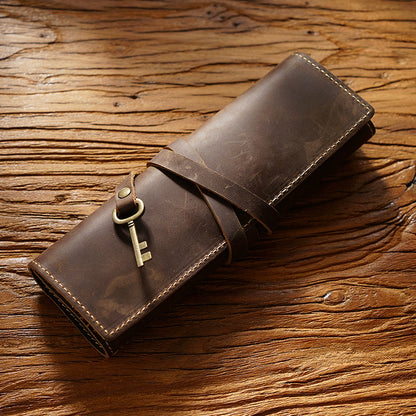 Crazy Horse Leather Rollup Pen Curtain Case