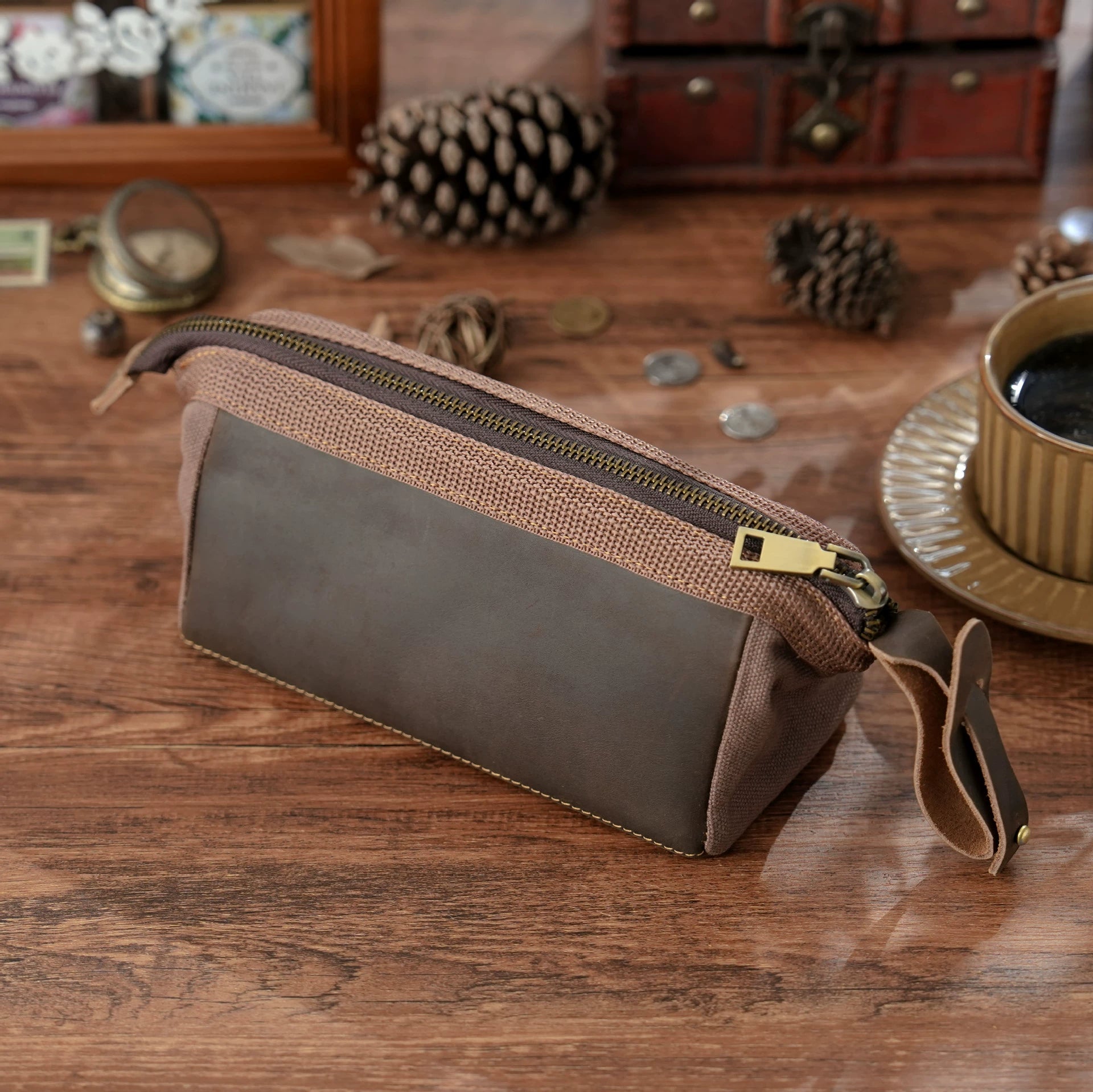 Crazy Horse Leather Large Zip Pencil Pouch
